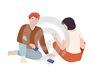 Couple sitting on floor and playing cards. Family playing board game together cartoon vector illustration