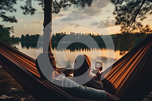 Couple sitting in hammock and drinking wine on the lake at sunset, person view couple resting at camping woman laying in hammock