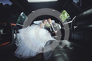 The couple sitting in the limo. Portrait of a beautiful young couple who rides around the city