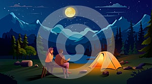 couple sitting near tent camping area night campsite summer camp travel vacation concept mountains landscape