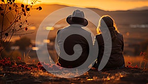 A couple sitting outdoors, embracing, enjoying the sunset together generated by AI