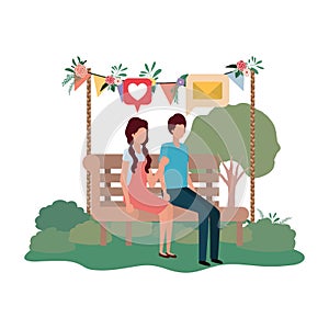Couple sitting on park chair with speech bubbles