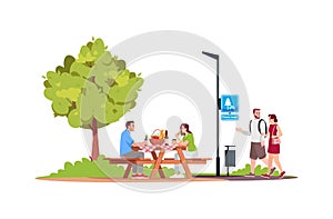 Couple sitting at a picnic table in park semi flat RGB color vector illustration