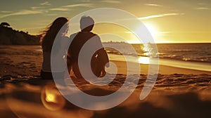 A couple sitting on the sand watching the sun sink into the ocean with the glow of the sky reflecting in their