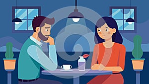 A couple sitting in silence at a restaurant their relationship crumbling under the weight of the husbands social anxiety photo