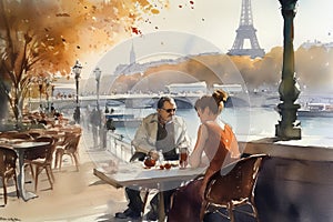 A couple sitting in a street cafe in Paris with a view to the river Siene and Eiffel Tower