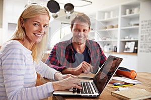 Couple sitting in their kitchen using computers