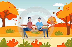 Couple sitting together in autumn park. Couple sitting on bench. Two characters summer time meadow together.
