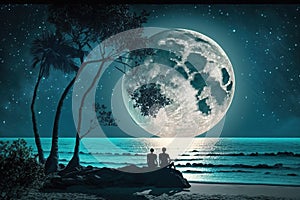 Couple sitting together enjoyin the romantic view of the moonlight at a beautiful beach