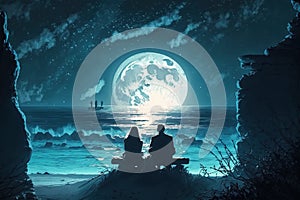 Couple sitting together enjoying the romantic view of the moonlight at a beautiful beach