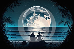 Couple sitting together enjoying the romantic view of the moonlight at a beautiful beach