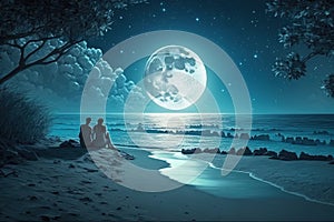 Couple sitting together enjoying the romantic view of the moonlight at a beautiful beach