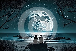 Couple sitting together enjoying the romantic view of the moonlight at a beautiful beach