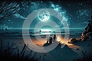 Couple sitting together enjoying the romantic view of the moonlight at a beautiful beach
