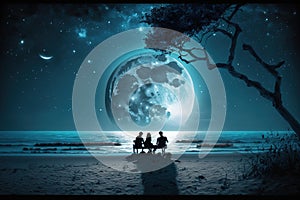 Couple sitting together enjoying the romantic view of the moonlight at a beautiful beach