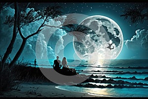 Couple sitting together enjoying the romantic view of the moonlight at a beautiful beach