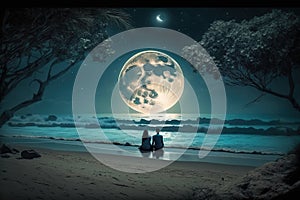 Couple sitting together enjoying the romantic view of the moonlight at a beautiful beach