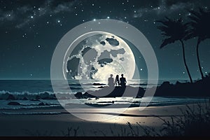 Couple sitting together enjoying the romantic view of the moonlight at a beautiful beach