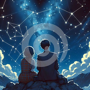 Couple sitting on the top moutain looking at the stars made into a heart shape on the night sky.