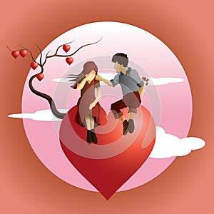 couple sitting on tree of hearts. Vector illustration decorative design