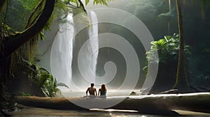 A couple sitting on a tree trunk, watching a large waterfall in the middle of the rainforest