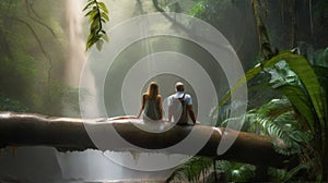 A couple sitting on a tree trunk, watching a large waterfall in the middle of the rainforest photo