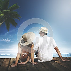 Couple Sitting Wooden Floor Beach Sky Honeymoon Concept