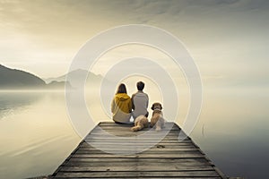 Couple sitting on a wooden jetty on a lake in the morning, A family with a small yellow dog resting on a pier and looking at the