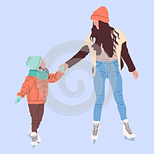 Couple skating. Mother with daughter on ice, winter outdoor activities.