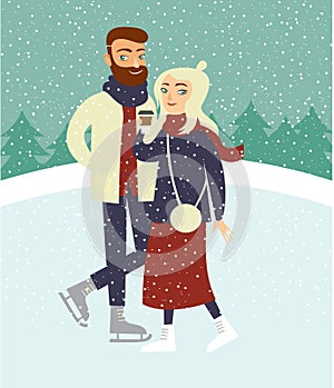 Couple skating on outdoor ice rink