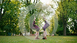 Couple of Slim Women do Synchronic Yoga in Park. Healthy Lifestyle and Balance