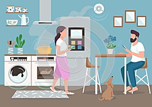 Couple in smart kitchen flat color vector illustration