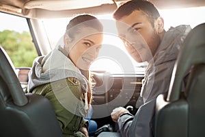 Couple, smile and portrait in car for road trip, travel or journey in vehicle and outdoor for holiday. Man, woman and