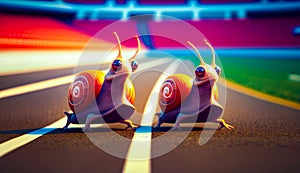 Couple of snails that are sitting on track with stadium in the background. Generative AI