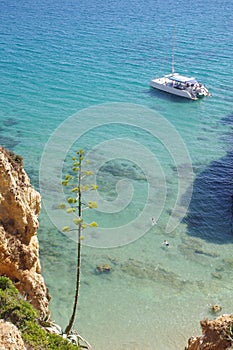 Couple snorkeling in clear blue sea water