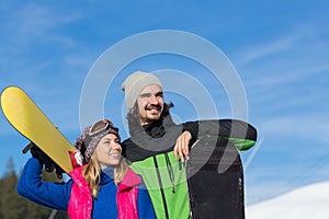 Couple With Snowboard Ski Resort Snow Winter Mountain Smiling Man And Woman Extreme Sport Vacation