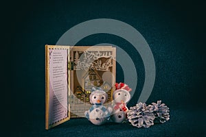 Couple of snowman, pine cones and wooden Christmas book, on blue background