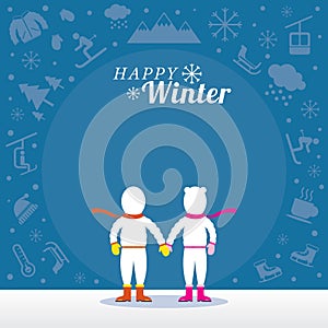 Couple in Snowsuit with Winter Icons Background