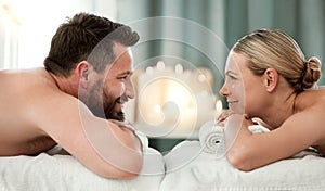 Couple, spa and luxury massage together for healthy, relax and wellness at a holiday resort. Happy man and woman in