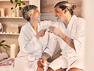 Couple, spa and wine glasses for toast in massage, vacation or holiday celebration, love and romance. Champagne, excited
