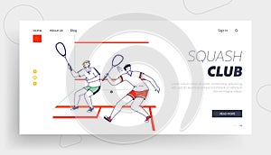 Couple of Sportsmen Playing Squash Landing Page Template. Male Characters Sports Training or Competition