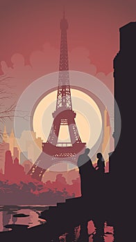 A couple stand in front of Eiffel Tower in Paris, France. Vector illustration in flat design style