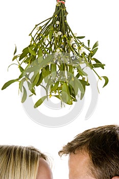 Couple standing beneath mistletoe