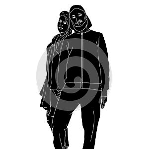 A couple in a standing pose, the silhouette of people for friendship day. hand-drawn character illustration of happy people