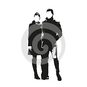 Couple standing together in winter clothing. Man and woman, isolated vector silhouette, ink drawing illustration. Front view.