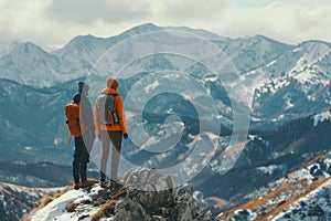 Couple Standing on Top of Mount Everest, A rewarding mountain hiking experience featuring two friends and their strong camaraderie