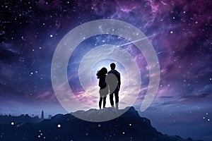 Couple standing on top of a mountain and looking at the night sky