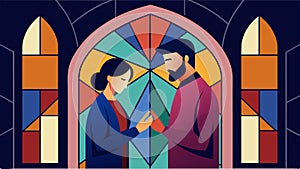 The couple stands side by side in front of a beautiful stained glass window heads bowed in reverence as they pray