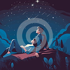 a couple stargazing on a serene hill, adorned with soothing flat colors for Valentine's Day.
