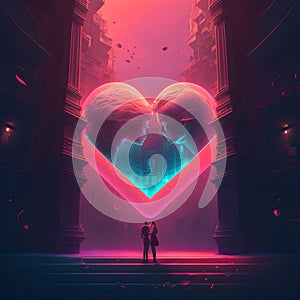 Couple staring on giant heart shaped screen hologram in city of future. Futuristic illustration for the Valentines Day. Created wi